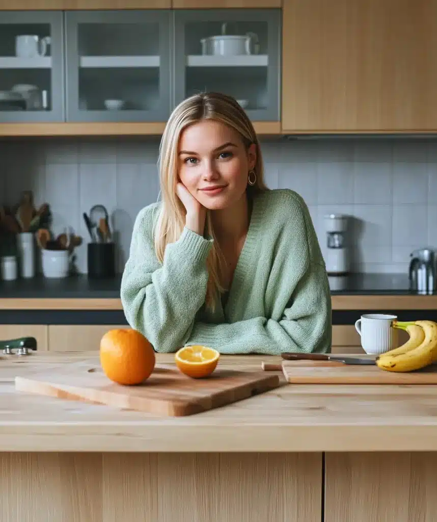 Smiling woman in a light green sweater sitting in a modern kitchen, with a halved orange, bananas, and a mug on the light wooden counter in front of her.