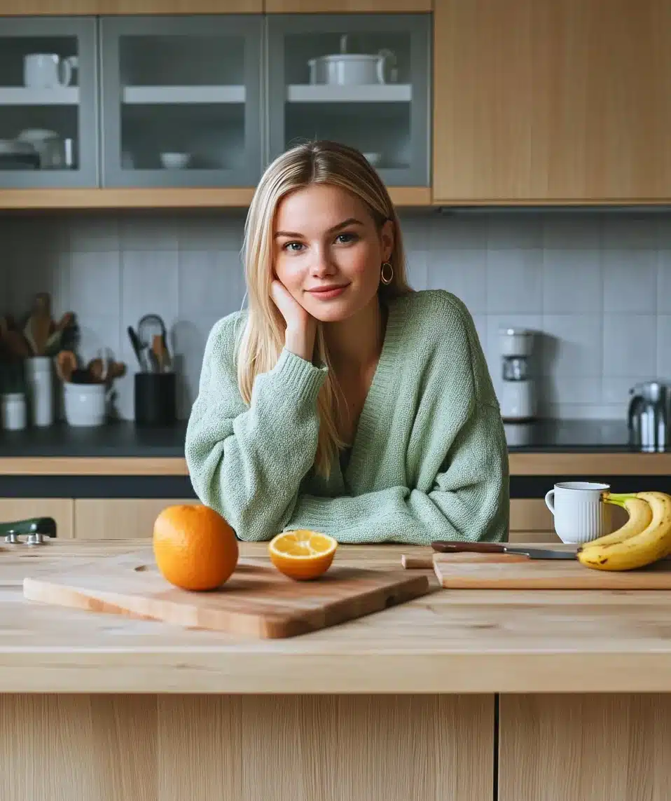 Smiling woman in a light green sweater sitting in a modern kitchen, with a halved orange, bananas, and a mug on the light wooden counter in front of her.