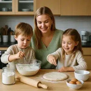 A mother cooking with her two young children in a cozy kitchen — the boy whisks batter while the girl sprinkles flour on dough, all smiling and enjoying the moment.