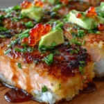 Baked salmon sushi bites with golden crust, garnished with avocado pieces and red fish roe.